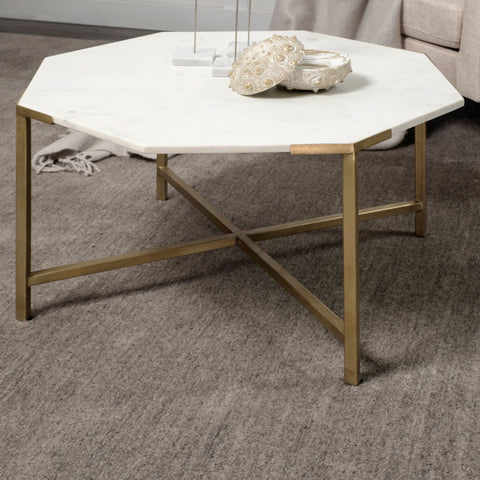 Hexagon White Marble Top And Gold Metal Base Coffee Table