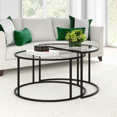 Set Of Two 33" Black Glass Half-Circle Nested Coffee Tables