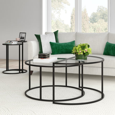 Set Of Two 33" Black Glass Half-Circle Nested Coffee Tables