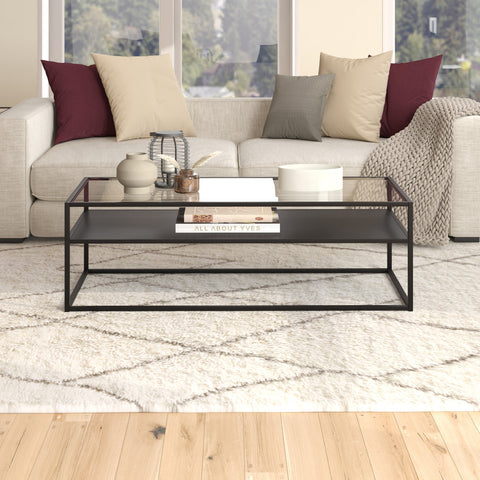 54" Black Glass Rectangular Coffee Table With Shelf