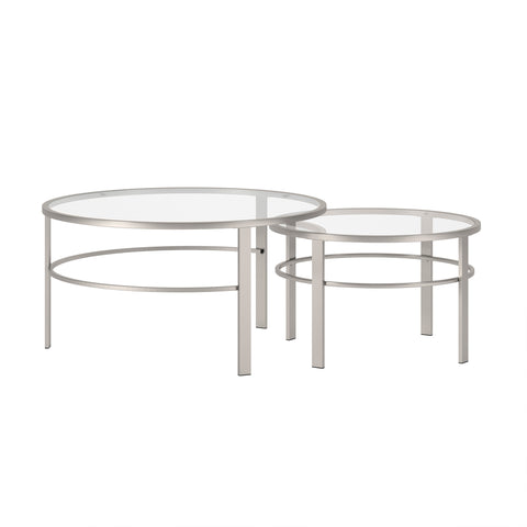 Set Of Two 36" Silver Glass Round Nested Coffee Tables