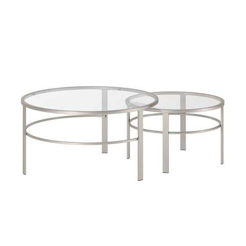 Set Of Two 36" Silver Glass Round Nested Coffee Tables