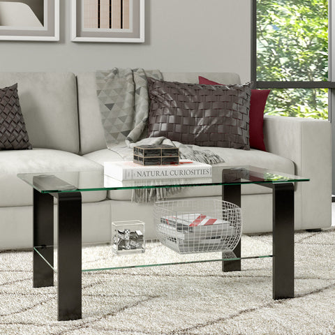 40" Black Glass Rectangular Coffee Table With Shelf