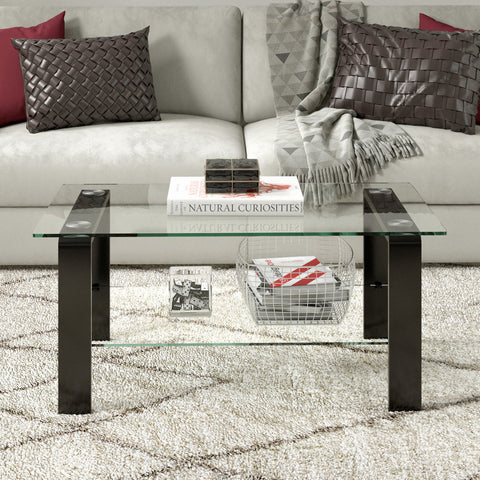 40" Black Glass Rectangular Coffee Table With Shelf