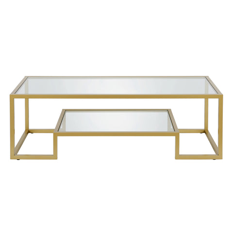 54" Gold Glass Rectangular Coffee Table With Shelf