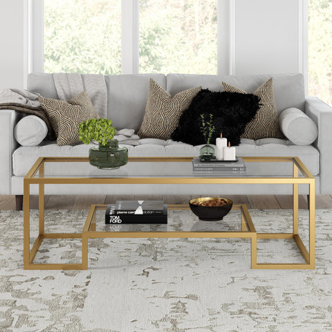 54" Gold Glass Rectangular Coffee Table With Shelf