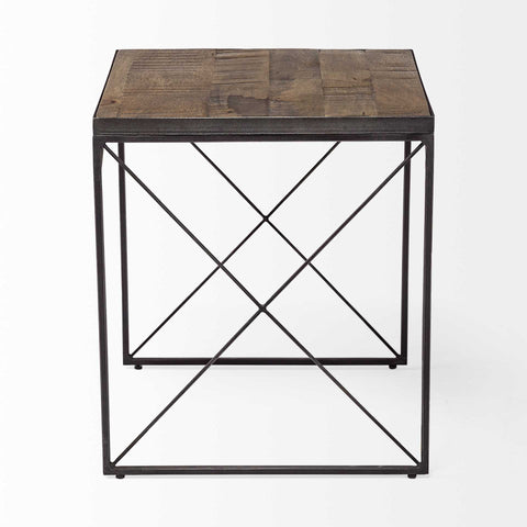 Medium Brown Wood Side Table With Square Top And Iron Cross Braced