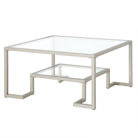 32" Silver Glass Square Coffee Table With Shelf