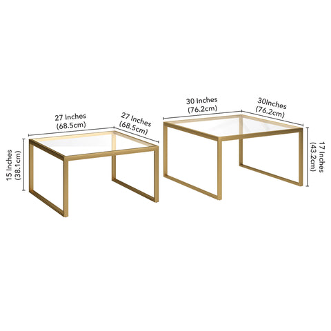 Set Of Two 30" Gold Glass Nested Coffee Tables