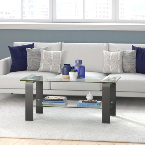 40" Gray Glass Rectangular Coffee Table With Shelf