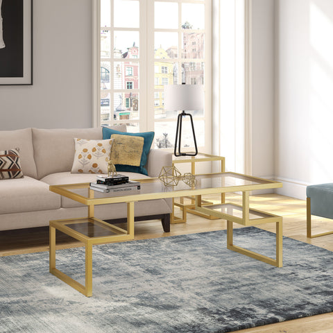 45" Gold Glass Rectangular Coffee Table With Two Shelves