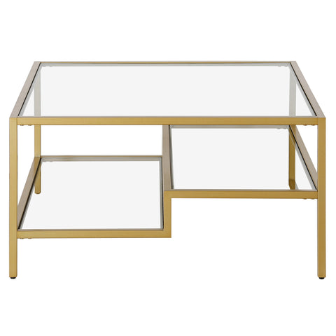 32" Gold Glass Square Coffee Table With Two Shelves