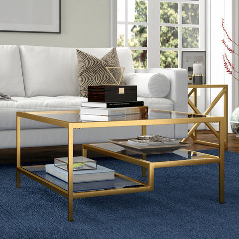 32" Gold Glass Square Coffee Table With Two Shelves