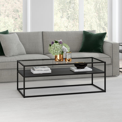 46" Black Glass Rectangular Coffee Table With Shelf