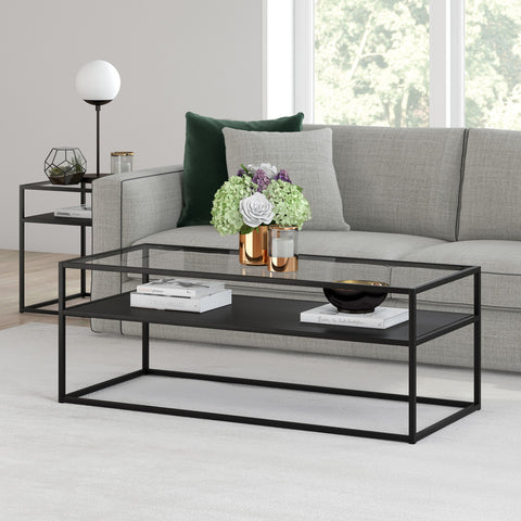 46" Black Glass Rectangular Coffee Table With Shelf