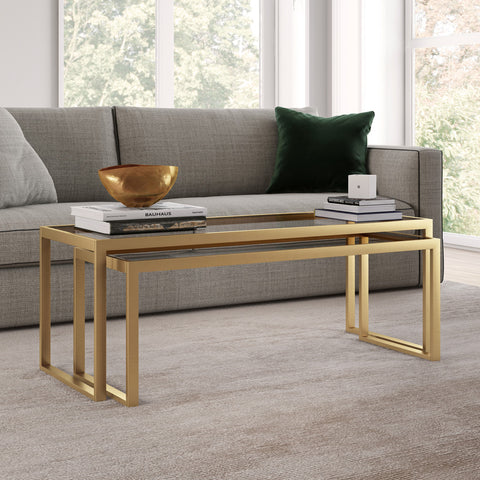 Set Of Two 46" Gold Glass Rectangular Nested Coffee Tables