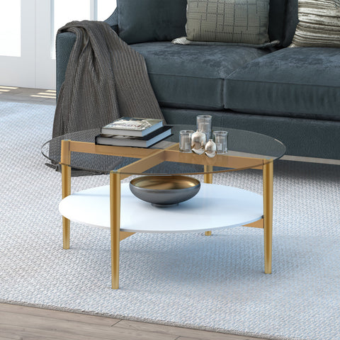 36" Gold Glass Round Coffee Table With Shelf