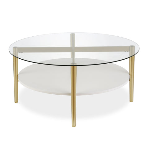 36" Gold Glass Round Coffee Table With Shelf