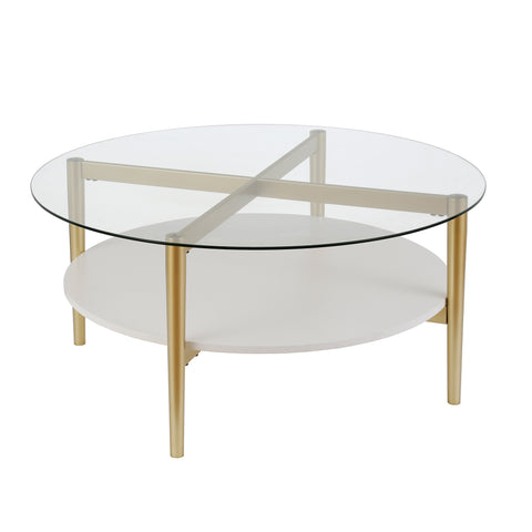 36" Gold Glass Round Coffee Table With Shelf