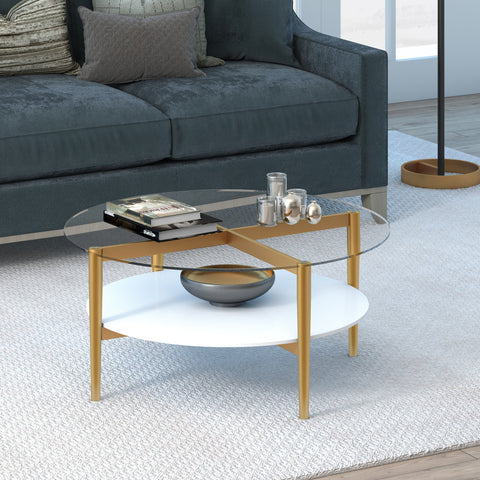 36" Gold Glass Round Coffee Table With Shelf