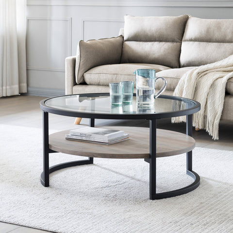 34" Black Glass and Gray Round Coffee Table With Shelf