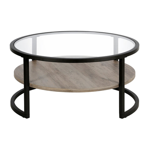 34" Black Glass and Gray Round Coffee Table With Shelf