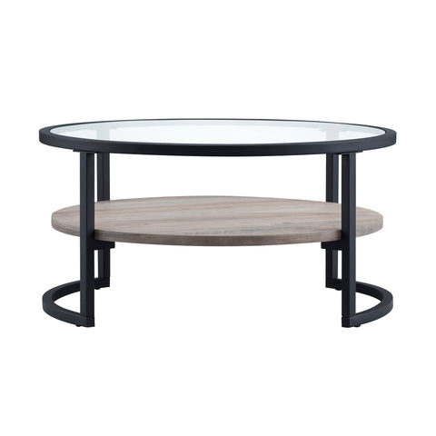 34" Black Glass and Gray Round Coffee Table With Shelf