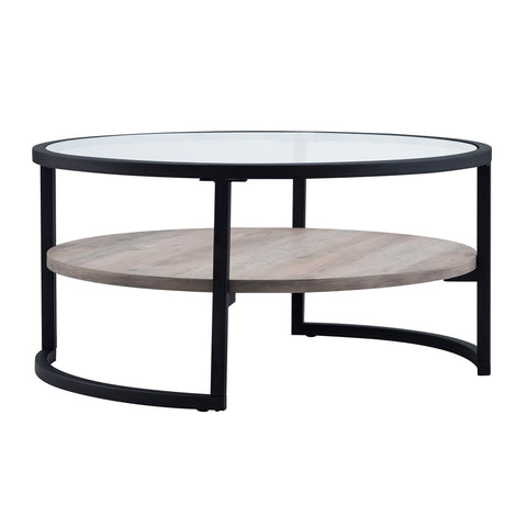 34" Black Glass and Gray Round Coffee Table With Shelf