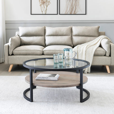 34" Black Glass and Gray Round Coffee Table With Shelf