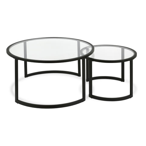 Set Of Two 36" Black Glass Round Nested Coffee Tables