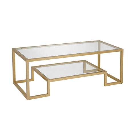 45" Gold Glass Rectangular Coffee Table With Shelf