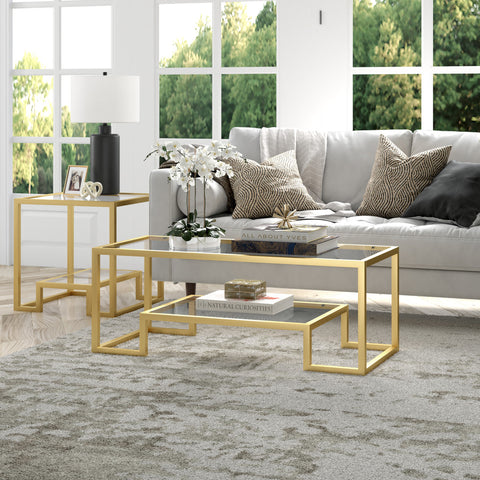 45" Gold Glass Rectangular Coffee Table With Shelf