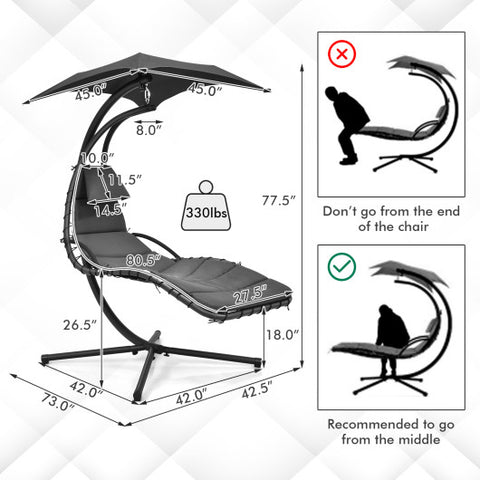 Hanging Curved Steel Swing Chaise Lounger with Removable Canopy-Gray