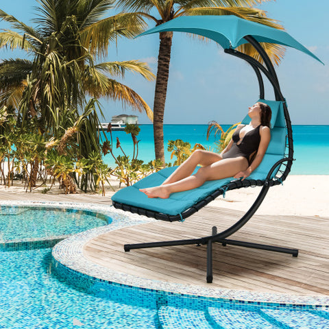 Hanging Curved Steel Swing Chaise Lounger with Removable Canopy-Turquoise