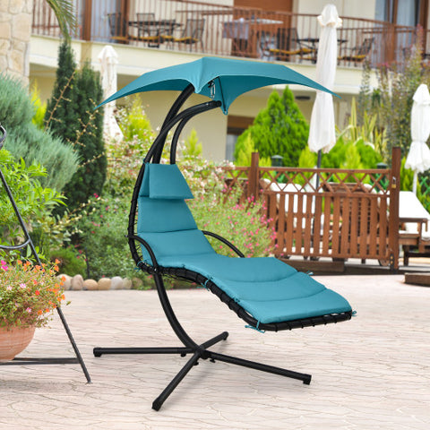 Hanging Curved Steel Swing Chaise Lounger with Removable Canopy-Turquoise