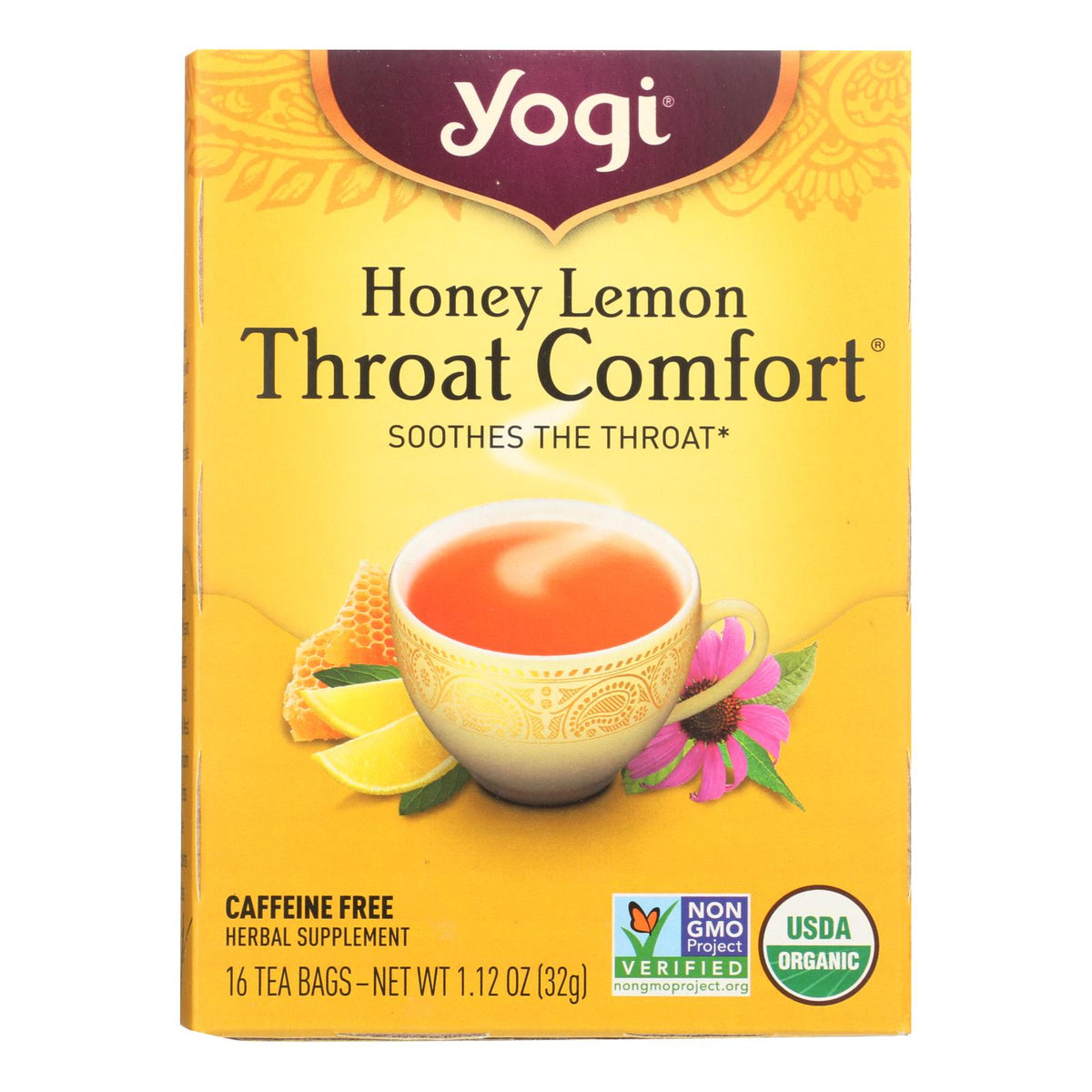 Yogi Throat Comfort Herbal Tea Caffeine Free Honey Lemon - 16 Tea Bags - Case Of 6