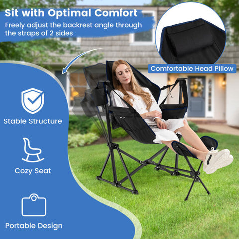 Hammock Camping Chair with Retractable Footrest and Carrying Bag-Black