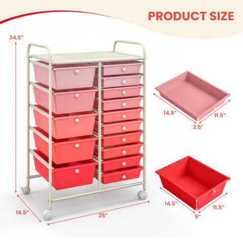 15-Drawer Utility Rolling Organizer Cart Multi-Use Storage-Pink