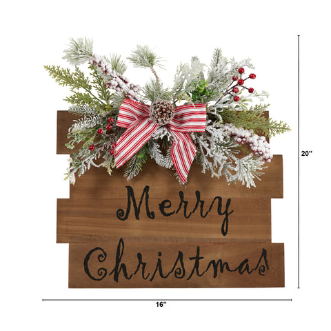 20" Holiday Merry Christmas Door Wall Hanger with Pine and Berries Stripped Bow Wall Art Dcor