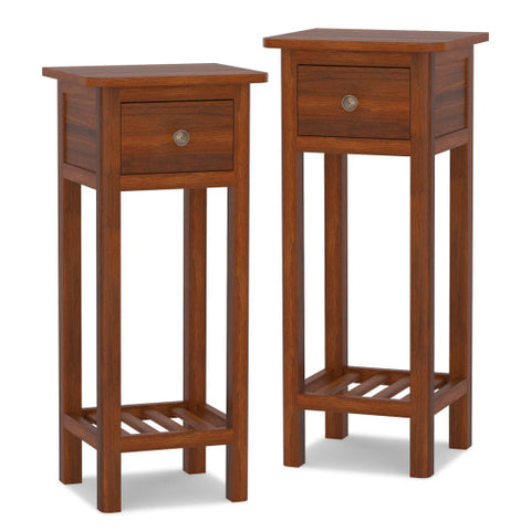 2 Tier Slim Nightstand Bedside Table with Drawer Shelf-Brown