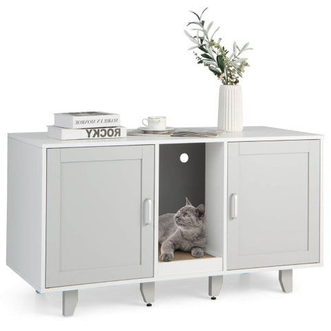 2-Door Cat Litter Box Enclosure with Winding Entry and Scratching Board-Gray