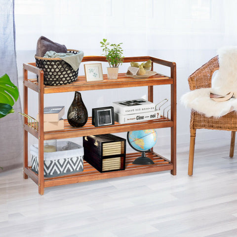 3-Tier Acacia Wood Shoe Rack with Side Metal Hooks