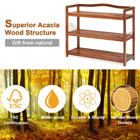 3-Tier Acacia Wood Shoe Rack with Side Metal Hooks