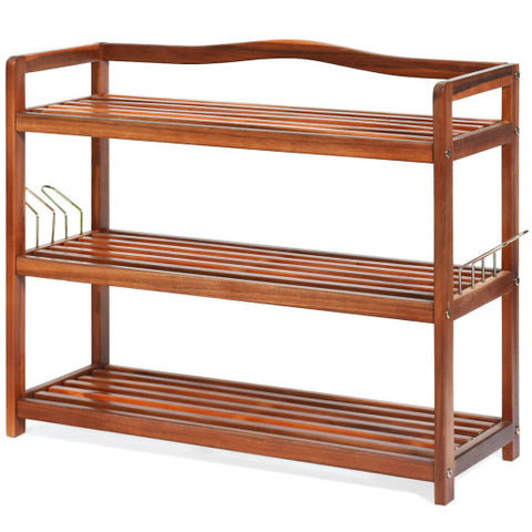 3-Tier Acacia Wood Shoe Rack with Side Metal Hooks