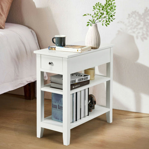 3-Tier Nightstand Bedside Table Sofa Side with Double Shelves Drawer-White