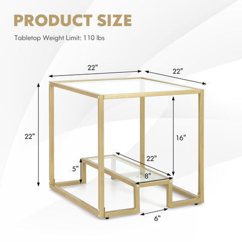 22 Inch 2-Tier Square Sofa Side Table with Tempered Glass Tabletop-Golden