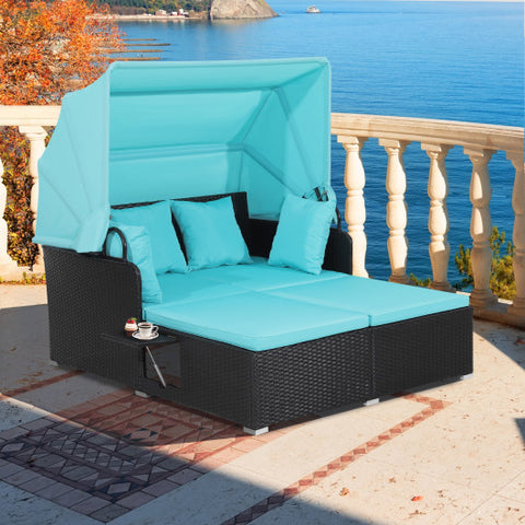 Patio Rattan Daybed with Retractable Canopy and Side Tables-Turquoise