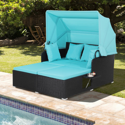 Patio Rattan Daybed with Retractable Canopy and Side Tables-Turquoise