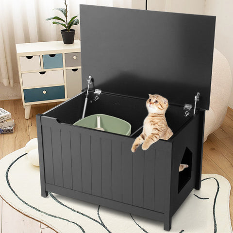 Wooden Cat Litter Box Enclosure with Top Opening Side Table-Black