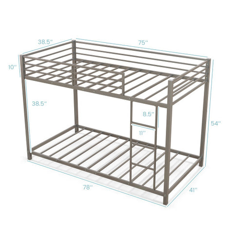 Low Profile Twin Over Twin Metal Bunk Bed with Full-length Guardrails-Silver